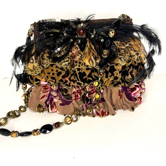Mary Frances Handbags - Mary Frances Leopard and Floral Beaded Shoulder Bag  Accented with Feathers